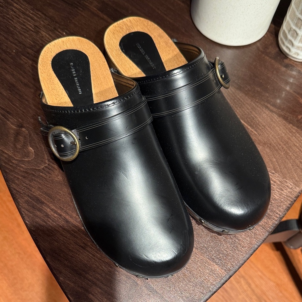 Isabel Marant Black Leather and Wood Clogs